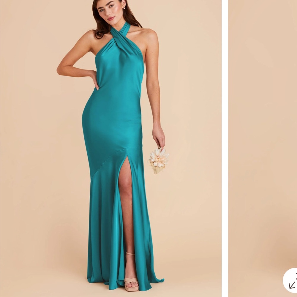Birdy Grey Stephanie Teal Satin Halter Gown with Front Slit
